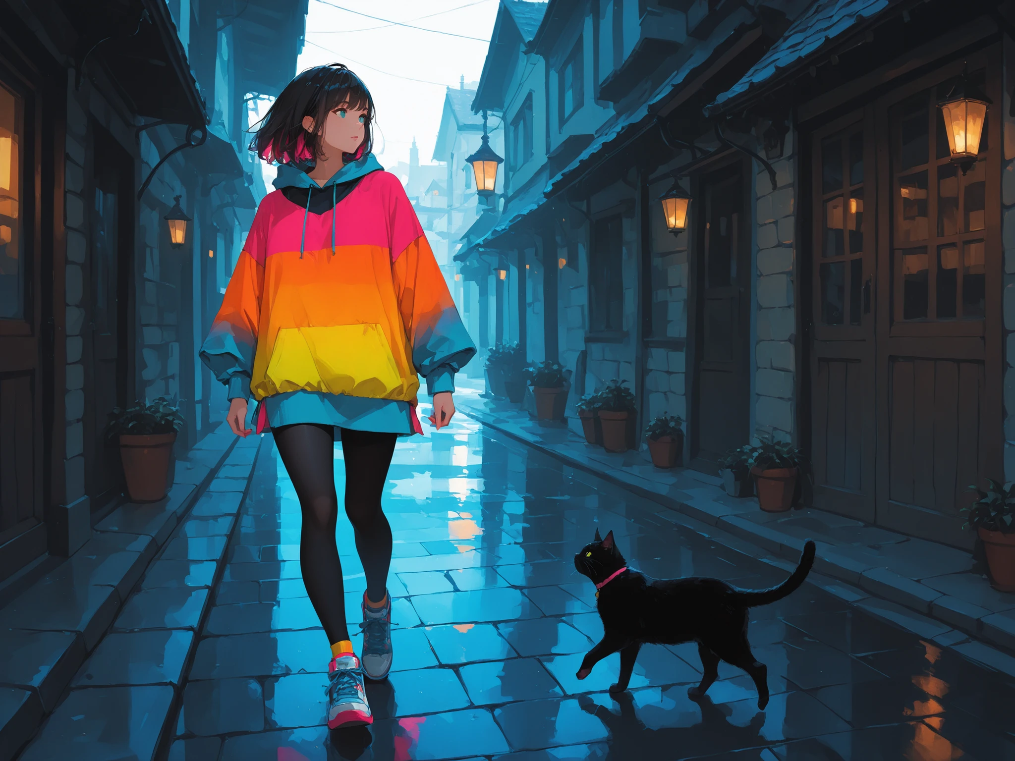 masterpiece, 1girl, stylish clothes, brightly colored clothing, sneakers, walking, cat, town