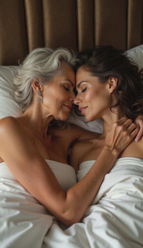 A tattooed Black woman kissing her elderly Asian girlfriend on the mouth