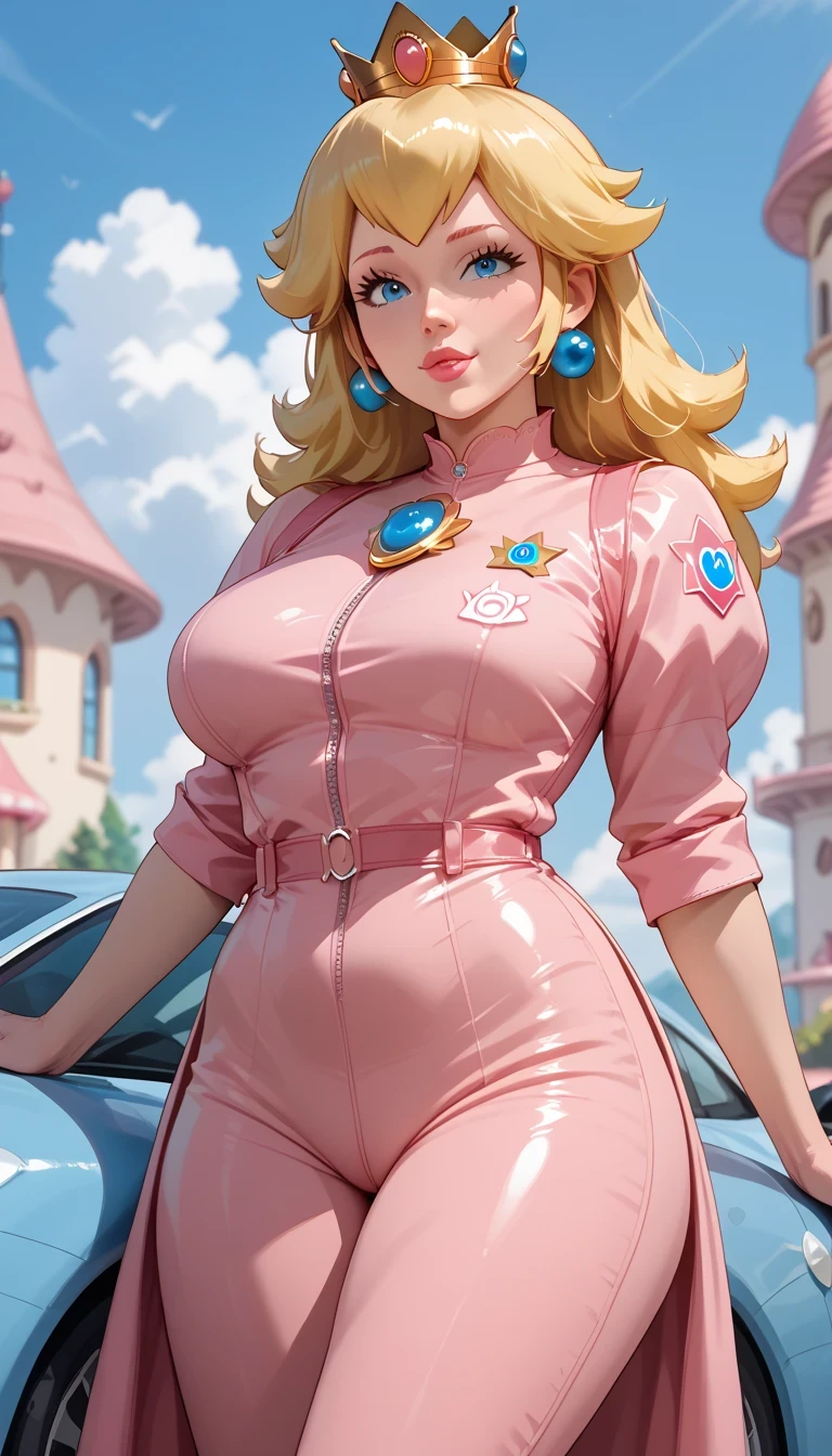 ((Penelope pitstop from wacky races animated series)) ((beautiful face)) (red lips) ((long blonde hairstyle with bangs)) ((very huge breasts) (perfect slim body) ((wears leather pink body suit and pants, white gloves, and long boots)) ((belt, long scarf)), ((racing helmet)) ((posing sexy inside racing car on start line race))(high definition, dynamic lights and shadows) ((masterpiece)) (8k) (perfect face) (best quality) (perfect hands)