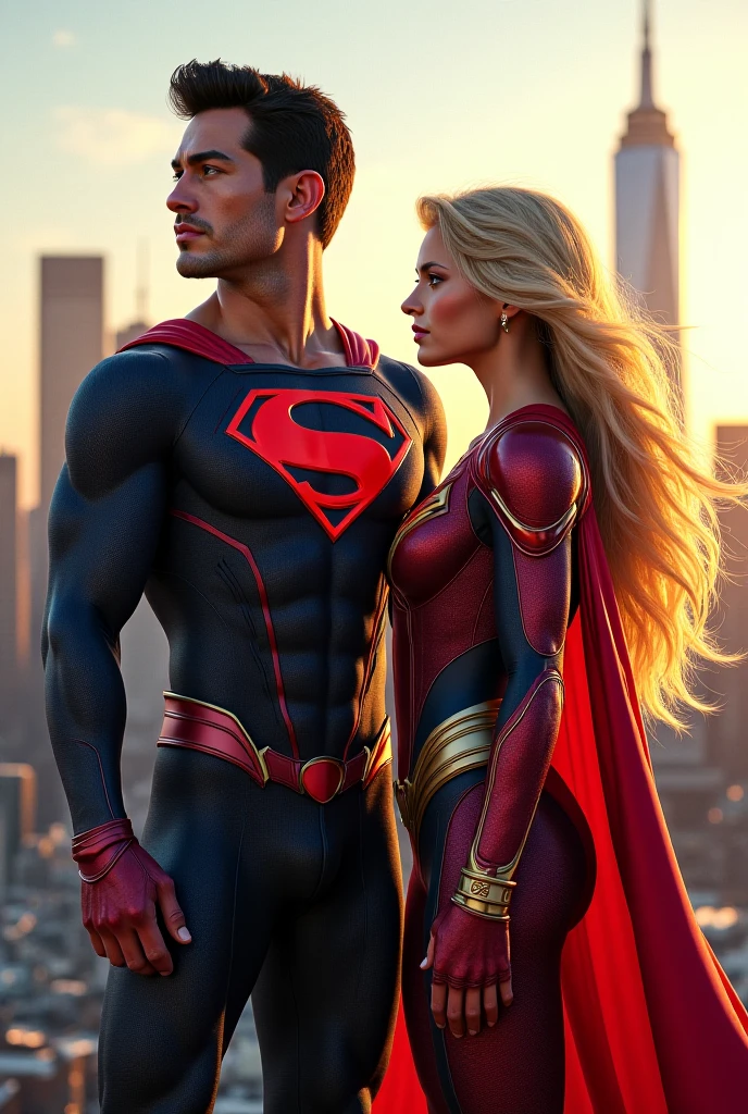 Lily Collins has round, large, circular eyes, brown hair, and a tall, blonde, muscular young man with long hair. , They will have superhero clothes