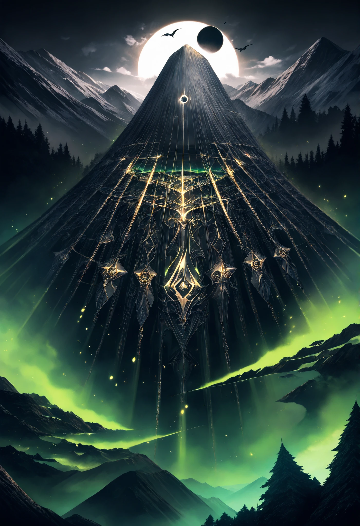 Black-White Hair, greyness, tarnish, gloom, Shadow-Patterned Armor, Black and Black, hand of a girl with a golden chain, Edge of Worlds Distortion, Demon Army, Black Sky, stars, gothic style, Forest Mountain, 8k, complex textures, high quality, best quality, Maximum of details, Masterpiece, Moon emerging from the cloud, eclipse, green fog over the prairie,