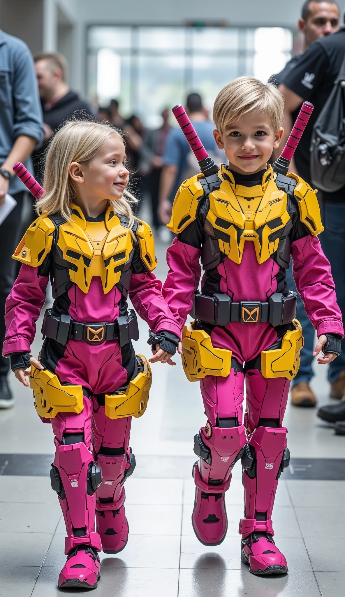 character: 1 baby boy and 1 baby girl. They Blonde hair With open chest.
action: Walk straight and look straight ahead.
Expression : smiling.
Costume : they Wearing futuristik pink Deadpool with yellow Gundam armor. Each of them has two katana swords on their backs.
Background : A bright indoor public space , with people vaguely seen in the distance, shows that this picture was taken at a fun event or get-together, maybe a convention or costume . They radiate happiness as they walk confidently in their superhero costumes. Show the whole body.