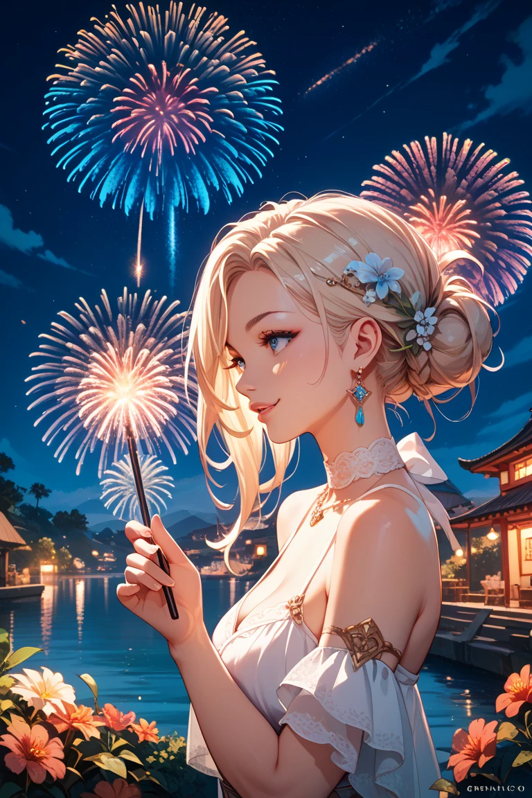 8k,Beautiful woman,White-blonde hair,Shortcuts,Blue Eyes,Summer Nights in Japan,firework,Less revealing costumes