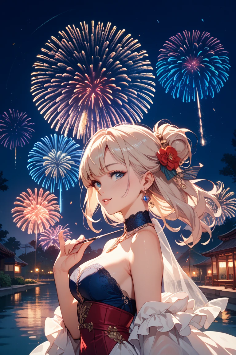 8k, highres, best quality, high details, masterpiece, textured skin, retina,photorealistic
1 Girl, Solo, Chat, Laughter, Friendship, (NSFW: 0.85), Outdoor, Late Night, Fireworks, Field, Country, Starry Sky
(elegant calm, evocative atmosphere, magnetic presence, delicate seduction, charming mystery: 0.9), 1girl, blonde, medium hair, asymmetric hair, floating hair, hair between eyes, high ponytail, side hair, hair accessories, fish hair ornaments, tassels, kanzashi, bangs, orange eyes, open mouth, smile, collar, red collar, pendant collar, butterfly collar, collarbone, tattoo, chest tattoo, flower tattoo, cleavage, medium breast, thigh, bandage, bandage leg, sarashi, budget sarashi, chest sarashi, black belt, hadanugi dousa, houkisei, japanese clothing, kimono, kinchaku, obi, obiage, obijime, orange kimono, pouch, printed kimono, rope, belt, shimenawa, short kimono, single bare shoulder, genshin impact, perfect body, japanese, sexy, Glowing eyes, upper body