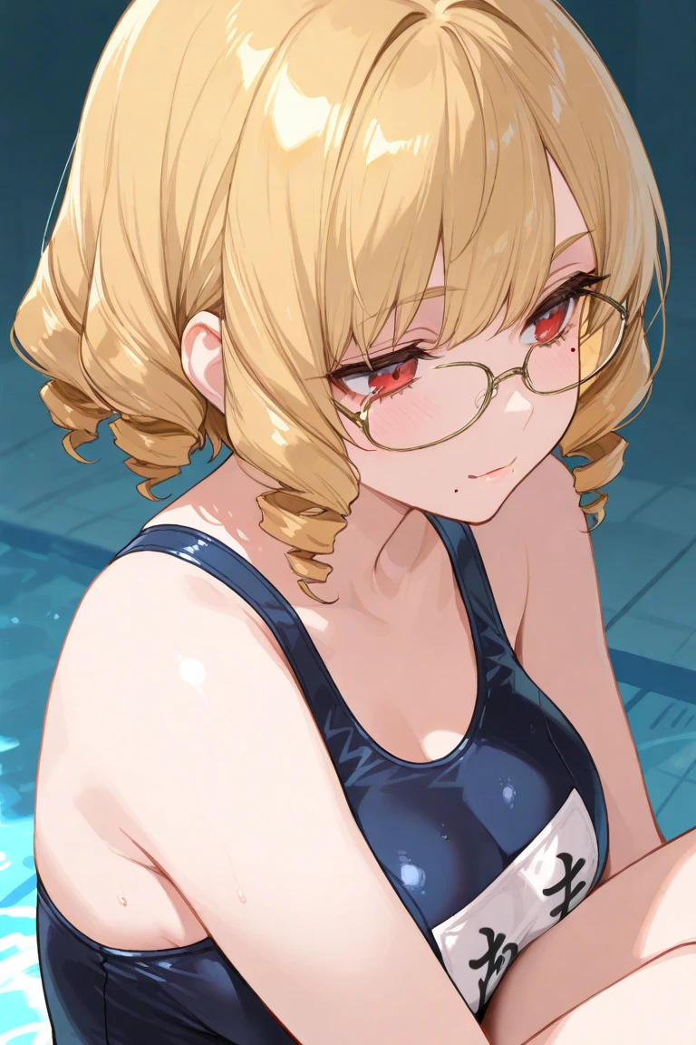 chubby girl, Blonde with green eyes, medium length hair, open forehead, round facial features, glasses with black square frames
Greek goddess, Greek style of dress, ancient Greece,sexy, open hips, open breasts
water, swimming pool