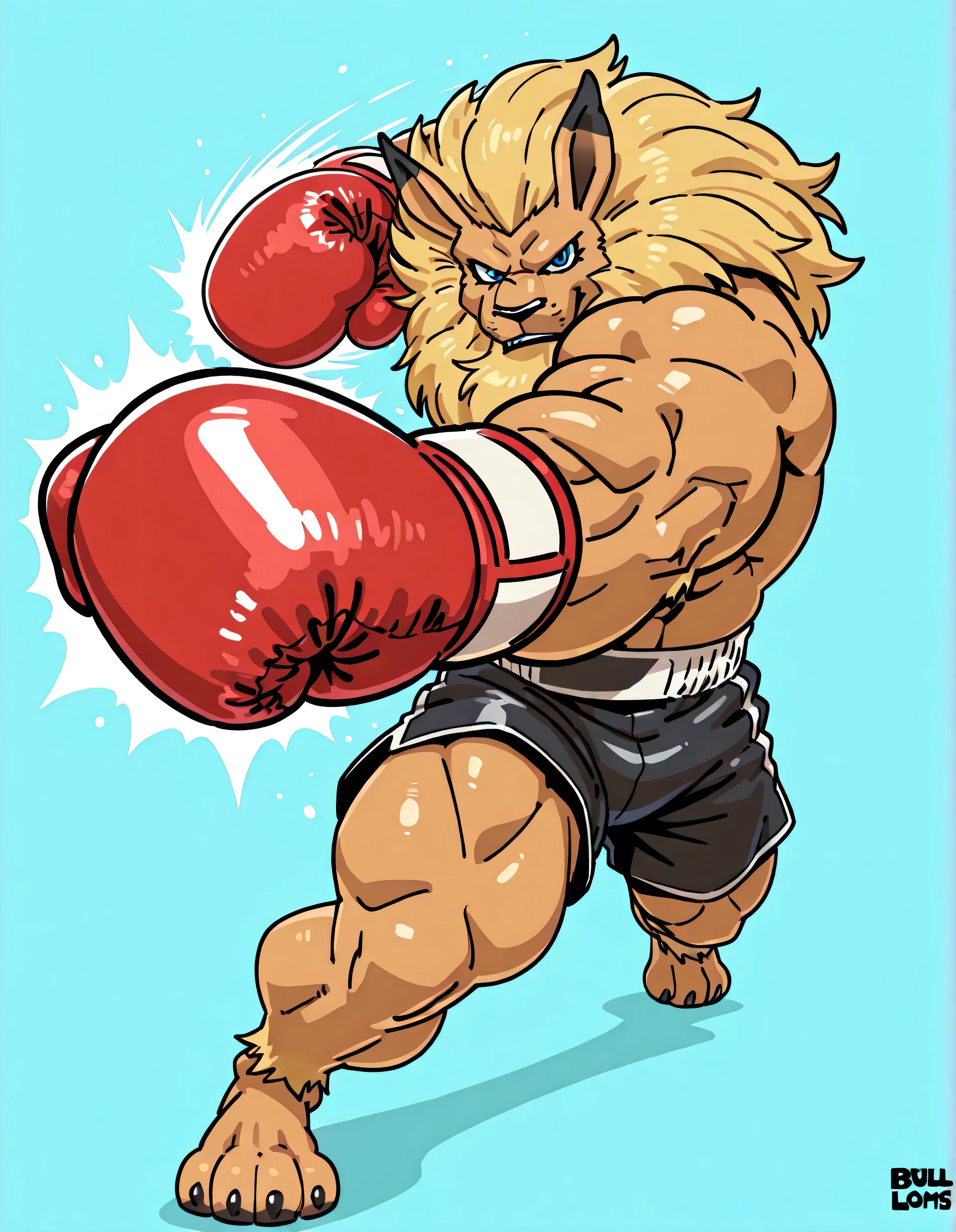 leomon, anthro, blue eyes, furry, solo, lion, male, mane, high quality, simple background, cel shaded, big body, thick arms, muscular, full body, glistening body, looking at viewer, boxing gloves, boxing trunks, muscular legs, thick legs, posing, stern face, bulging arms, pov_boxing, boxing posture, dynamic pose, bare feet, punching, boxing, training, exercising, outstretched arm, tan fur