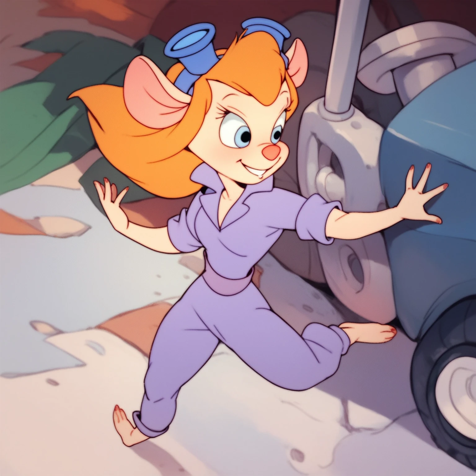 score_9, score_8, score_7, score_6, gadget, cartoon, mouse tail, 1girl, holding a wrench, fixing a machine, crotch, pussy, pussy viewed, torn pants, surprised, bend over, from behind, ass focus, surprised, looking at viewer, girl stuck in vehicle, aircraft, covering crotch, from behind, in front of public, many boys