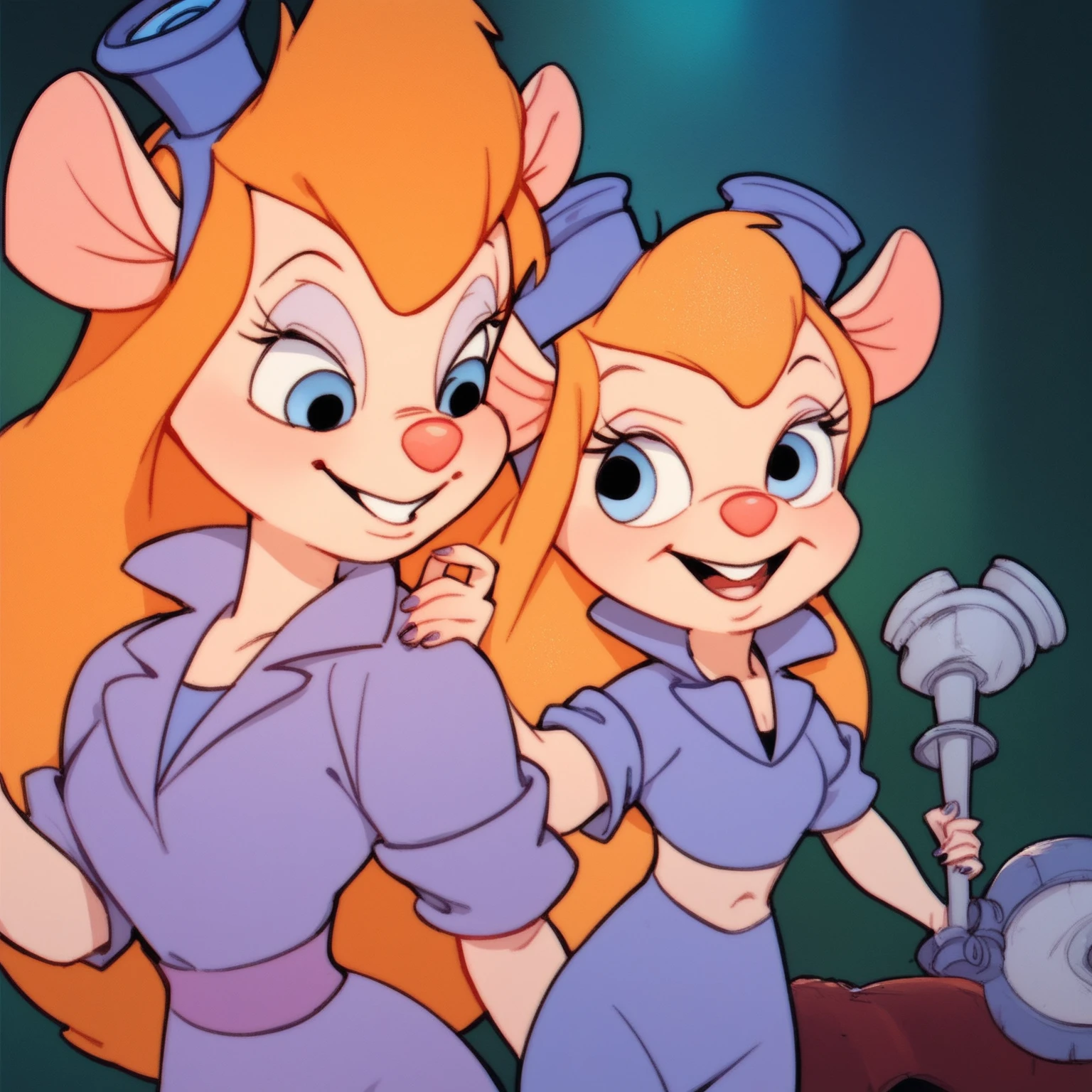 score_9, score_8, score_7, score_6, Gadget, Cartoon, mouse tail, comic, source_furry, comedy, parody, comic panels, 2girls, selfcest, arguing, in a lab, (portal machine, glowing:1.2, one girl undress another :1.6, , nipples, boob squeeze, pussy kiss, pussy lick), working, repairing, romance, shy, kiss, speech bubble, sound effects, by posssummachine, ExpressiveH