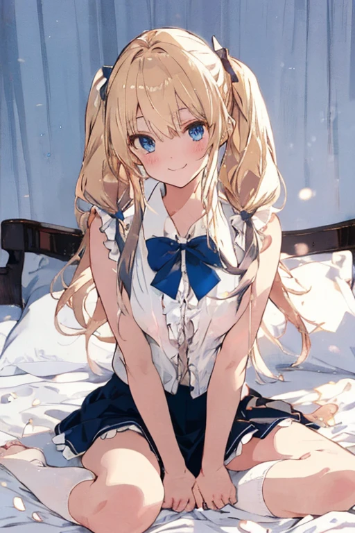 Highly detailed CG integrated 8k wallpaper、very fine 8KCG wallpaper、absurd、、highest quality、super detailed、beautiful face、Anime girl sitting on bed in blue dress and white shirt, splash art anime loli, long hair blonde anime girl, anime style like fate, Anime visuals of cute girls, Cute anime wife in a nice dress, in a dress, anime best girl, Small curves , anime moe art style、The stars are full of twinkles
