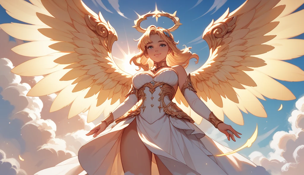 woman, (mature:1.4), tall, busty, angel wings, halo, flying in the sky, floating, white dress, angel coming down from the clouds, blonde hair, blue eyes, happy, welcoming,