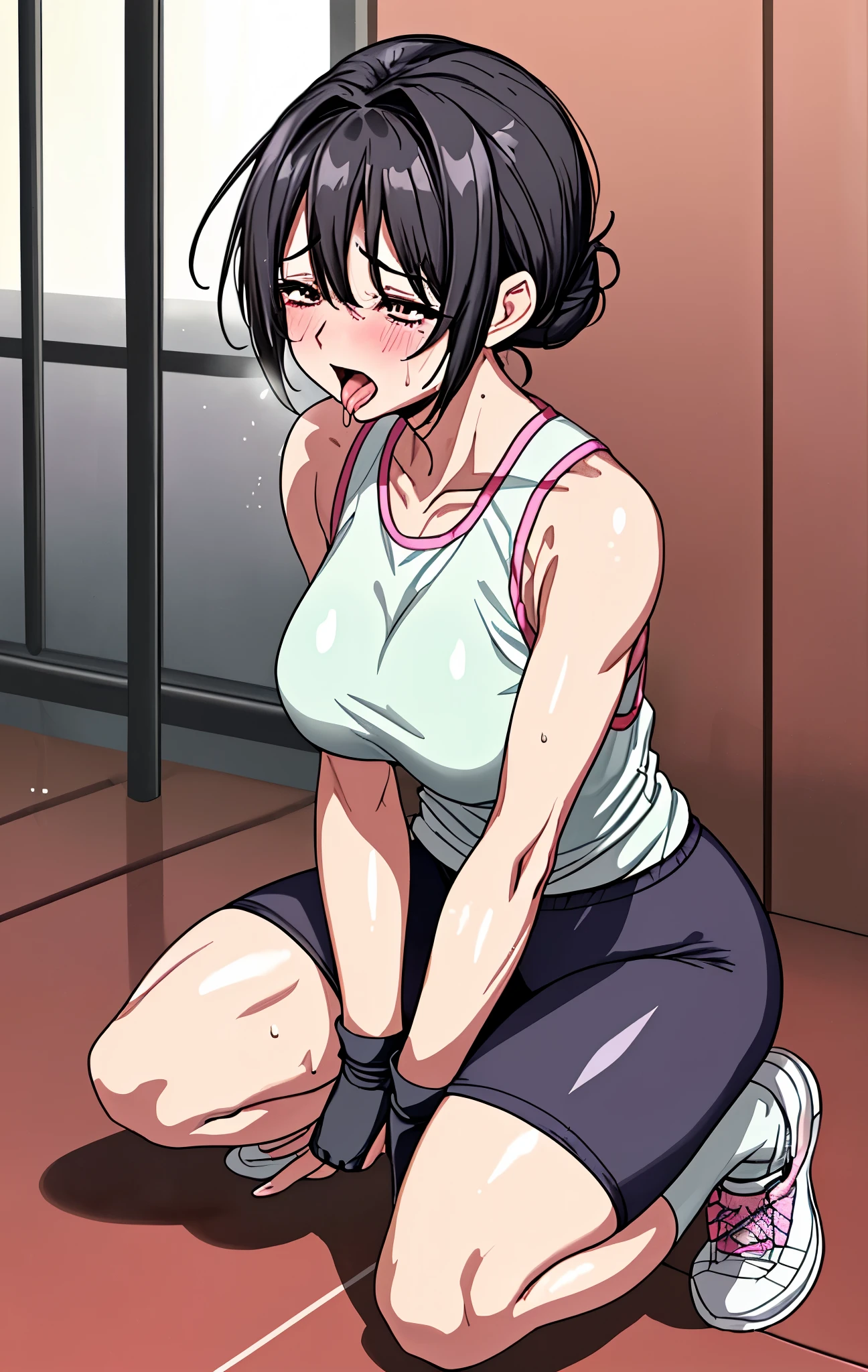 ４０age、Mature Woman、black hair、Hair tied up、A slim body、 have big bust 、I'm sweaty all over my face、front view、sexy look、full body image、口から長くtongueを出している、長いtongueを出している、、my whole body is sweaty。、 sweat dripping、my whole body is soaked、Drooling、opens crotches、、I'm urinating、Pee is flowing、drooling、drooling、high definition, blush, opens her mouth, tongue, wearing a white tank top、wearing shorts、Pink socks、sneakers with a ladyback letter、squatting、、squatting、、squatting、、open crotches、open crotches、raise your hand、raise your hand、show crotch、Is peeing。Is peeing、pee out of a potty、Drip urine、Drip urine、sports gym interior background、