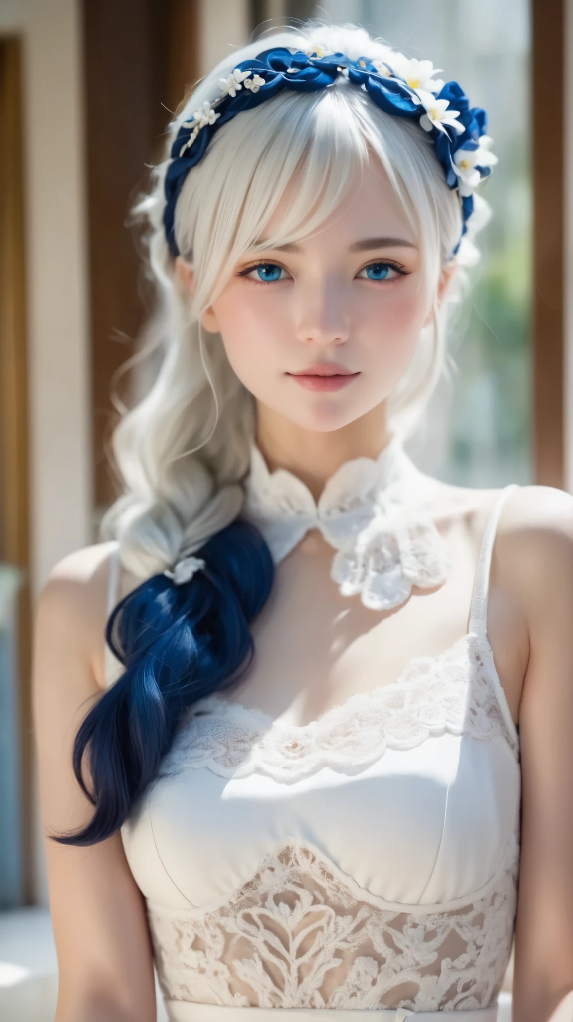 portrait, (masterpiece), of the best quality, oconnor , 4K, 8k, Detail view, Exact details, Movie Light , great quality, 1 girl、elegant indigo and white lace style dress、 indigo and white A-line dress with delicate artistic lace、Delicate artistic lace applied、elegant indigo and white lace style dress、 pretty dress 、Super LuXury Dress、 beautiful white hair, , facing the front , Completely