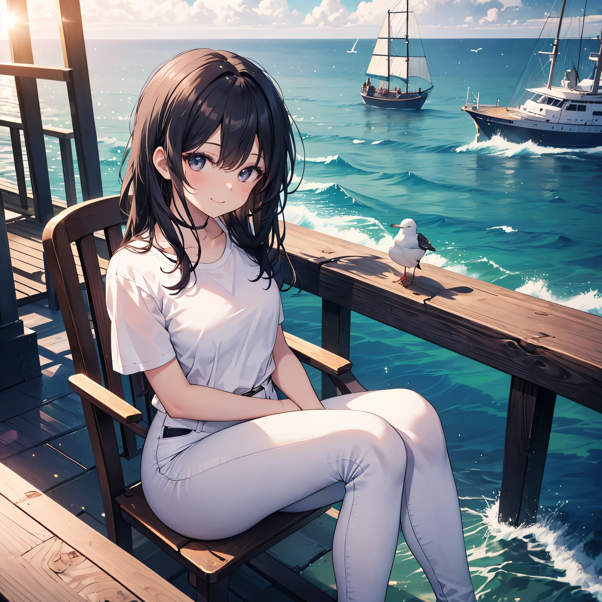 Portrait,ultra sharp, vibrant colours,girl sitting at the pier in deep thought watching sea gulls and boats in the distance,