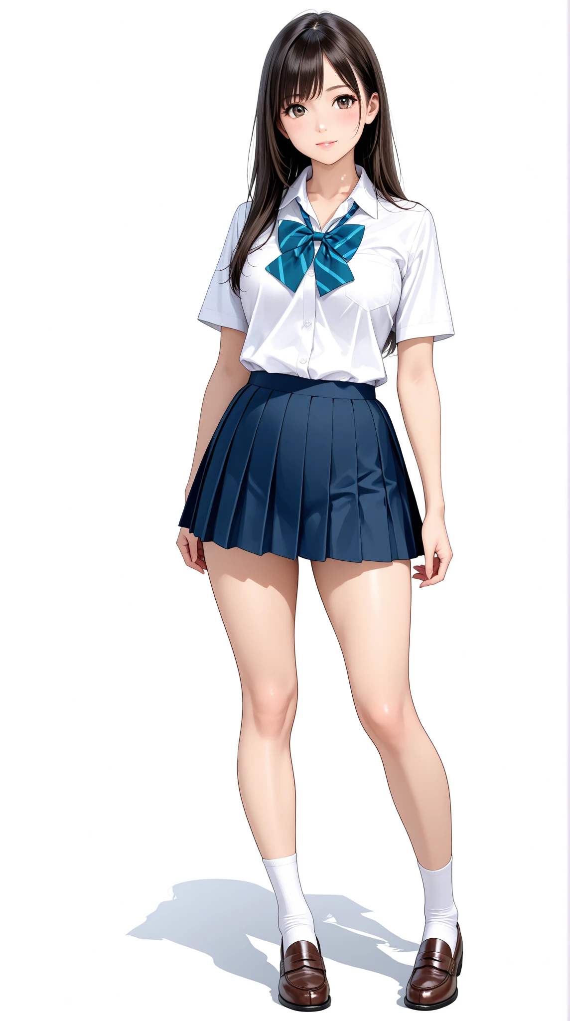 (Highest quality),beauty, high school girl, school uniform(mini skirt), standing,  full body,  white background,  