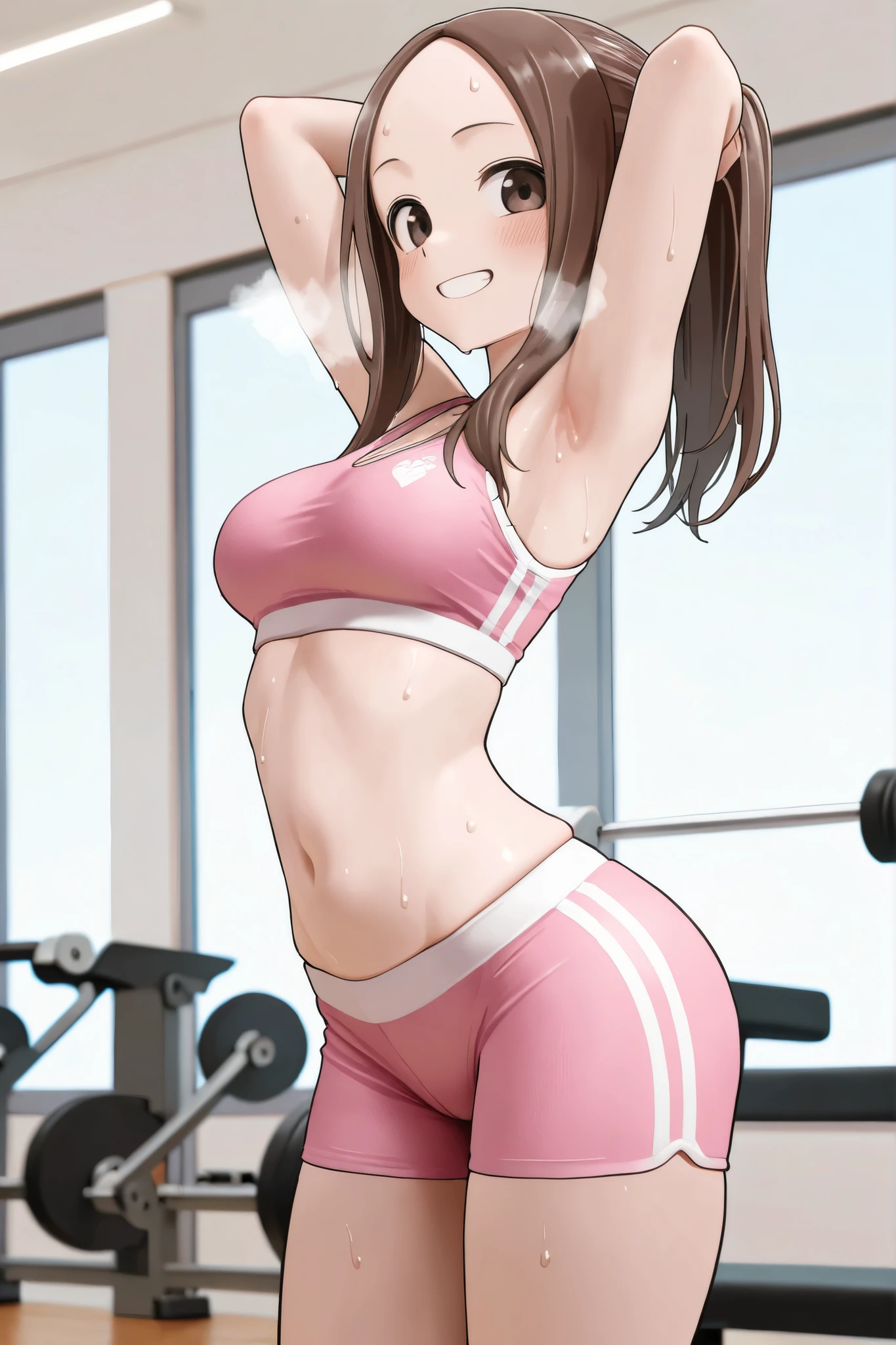 NSFW,masterpiece,of the best quality,high definition,very detailed,Takagi\(からかい上手のTakagi\),long hair、 Hair,Forehead、clavicle,pink sports bra,pink cycle shorts,Gym,sweat,rough breath,smile