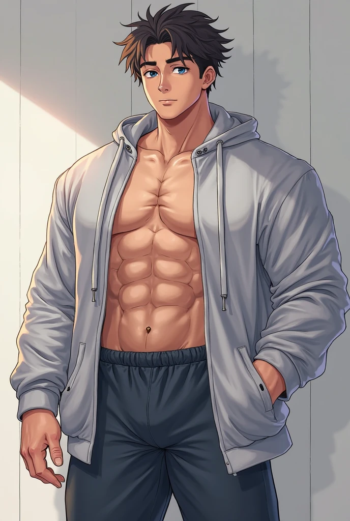 Roy Mustang from Fullmetal Alchemist, sin camisa, semidesnudo, posando como un fisico culturista en calzones, Pelo negro, joven man, solo, raised muscle, hermosa musculatura, aesthetic stretch marks, Inspiring physique, lean muscle, pectorales cuadrados, hermoso cono en v, grandes abdominales y torso, parado frente, Listo para pelear, Pixiv mejor valorado, Abdominales cincelados, pectorales cincelados y su cuello voluminoso, cintura estrecha, white sclera, human, hermoso rostro, joven, mirando al espectador, en un cuarto blanco vacio