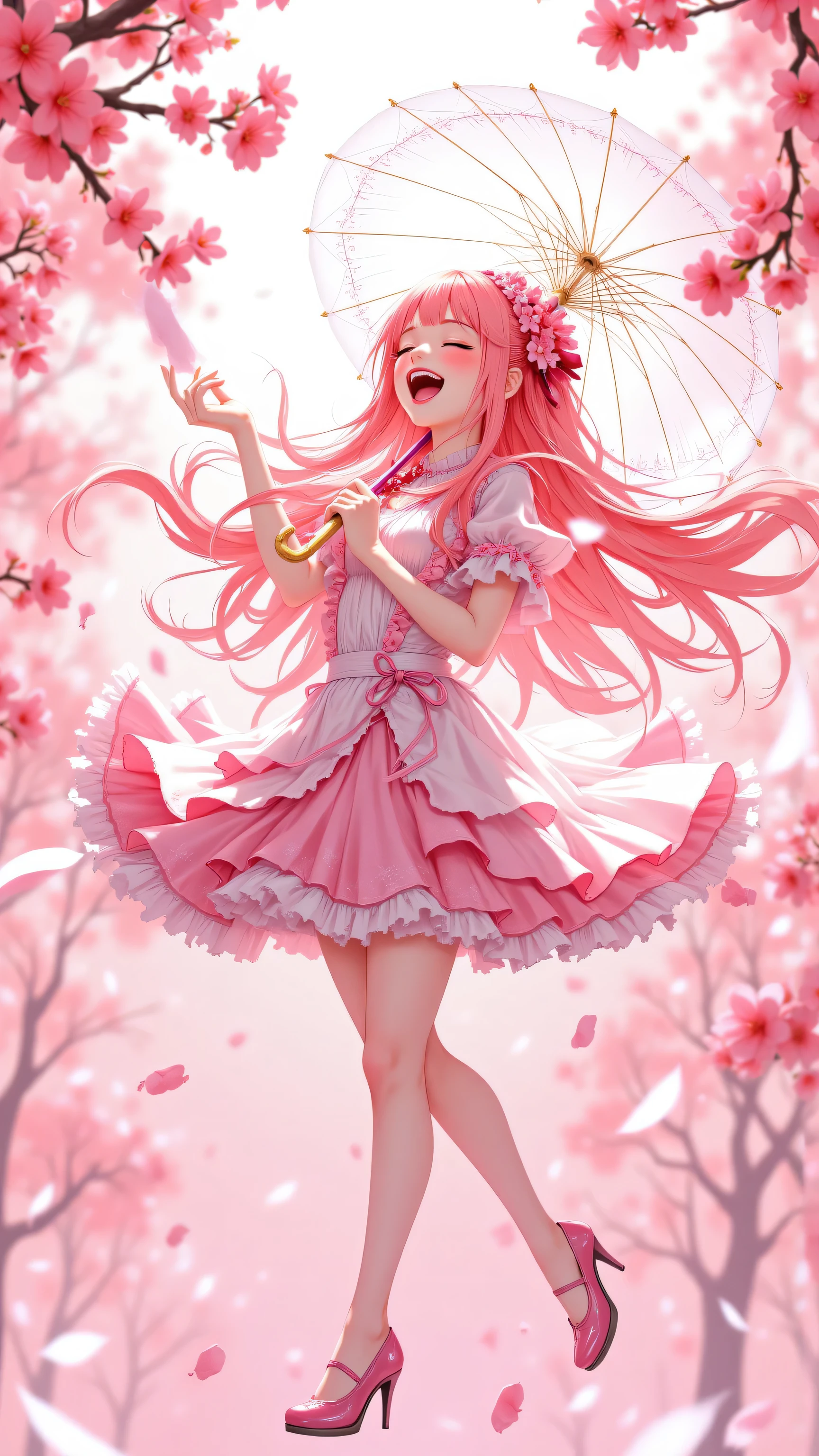 8k, Masterpiece, Top Quality, Low-angle, upward, pink hair, closed eyes, open mouth, joyful expression, frilly dress, pink and white, parasol, falling pose, flowing fabric, cherry blossoms, pink background, hazy, soft, light, dreamlike.
