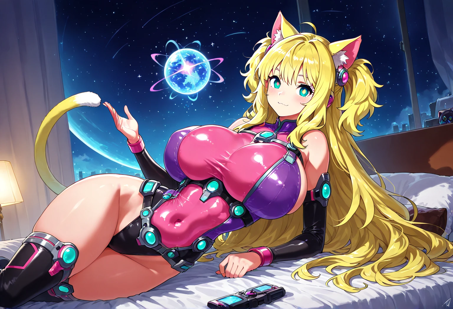 futuristic girl, purple colored eyes, space, purple hair, pink hair, long hair, furry, cat ears, tight bikini, huge tits, tanned, anime girl, holding a pink vibrator, 
