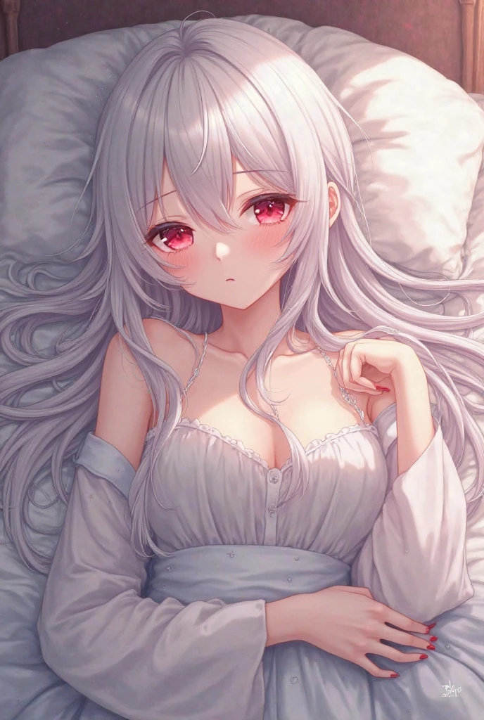masterpiece, highest quality, 1 woman, mom, tall, white hair, red eyes, mature, gorgeous, solo, long hair, cleavage, groin, long legs, wet with water, silk dressing gown, bed, bedroom background, rigorous body structure, good-looking fingers, lying down, o