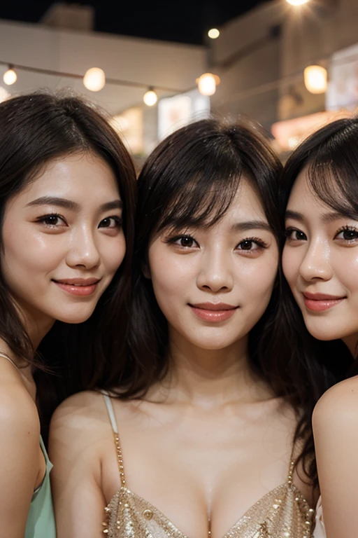 3 young women, oriental, idol, beauty, 15 years old, white lace camisole, smiling, headshot