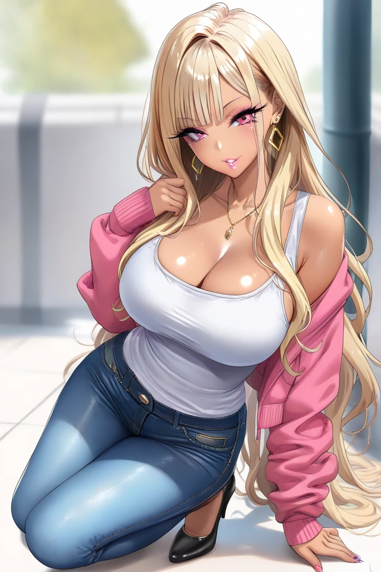 a pretty anime female in blue outfit on knees near corner of street, 1girl, breasts, solo, blue eyes, large breasts, blonde hair, twin braids, cleavage, braid, barefoot, long hair, blush, jacket, looking at viewer, long sleeves, thighs, collarbone,baseball cap