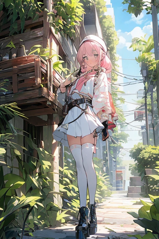 ((full body, standing):1.5), {((1 woman))}, {((wearing brown leather indian clothes, extremely tight and short in the body, short leather shorts and short velvet)), ((big breasts)), ((short pink hair, mohawk, sparkling blue eyes, wearing small feathered headdress)), ((looking at viewer, maniacal smile, making erotic pose, holding a bow and arrow)), ((in an indigenous village, cloudy sky, it's daytime, plants and flowers, Indians of different ethnicities))}, 16k, high quality, high detail, UHD
