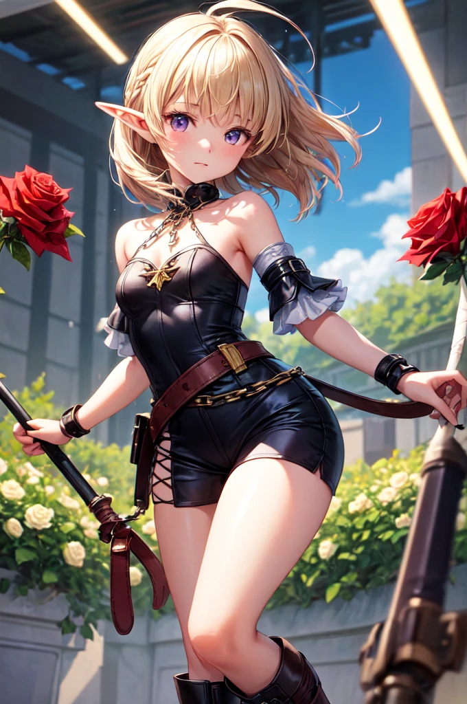masterpiece, best quality, JingliuV5, 1girl, solo, gloves, gloves, dress, bare shoulders, closed mouth, boots, sky, black gloves, black footwear, blindfold, night sky, full moon, elbow gloves, armpits, arms up, ((chain, bound, restrained:1.3)), sitting, wariza, night, starry sky, sky, cowboy shot, view from below, far shot