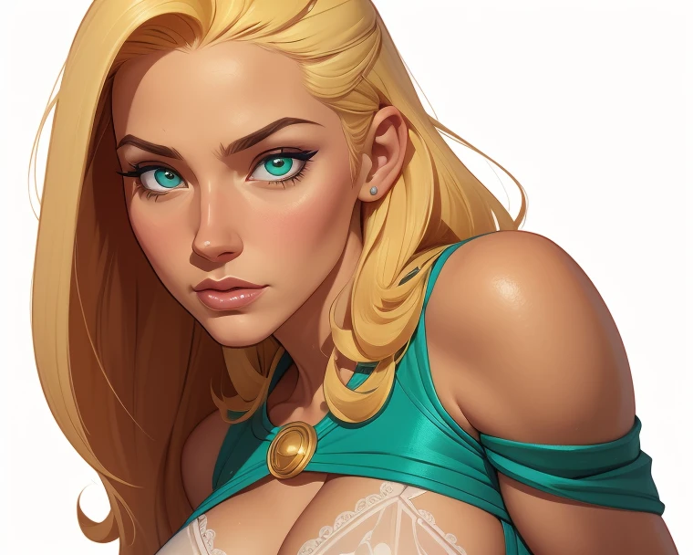 Slim athletic woman, age 25, 4K (High definition), mysterious smile, seducing gaze, greeneyes, wearing a royal dress ((with v-neckline)), wearing tiara and choker, arms positioned at the side of the body, Caucasian skin, long blonde hair ((at shoulder height)), standing (upper body), curvy with freckles on her chest and neck, big round breasts. High-quality Marvel style, white background.
