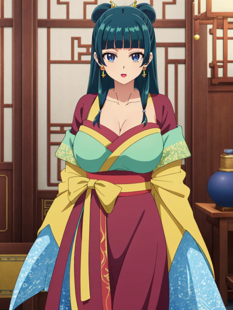 (((Highest quality、Ultra-high resolution、masterpiece: 1.2))), Highly detailed anime art style,Teen Style, (Off the shoulder,Earrings, A luxurious interior of the Tang Dynasty harem), Detailed green hair, Detailed blue eyes, Complicated hairstyle, Long Hair,Sparkling eyes,like々Shii,hair accessory, チャイニーズEarrings着用, She has a hairpin on her head、Half Up, Slightly blunt bangs, Detailed lighting, Bright colors, Looking at the audience, 45 degree top down shot、Facing forward、Stand in the center of the image、Cowboy Shot,Cat、Curvaceous、Big Breasts、Big Ass、High-end kimono、Traditional Tang Dynasty Kimono、Crimson lipstick、Courtesan-style costume、
