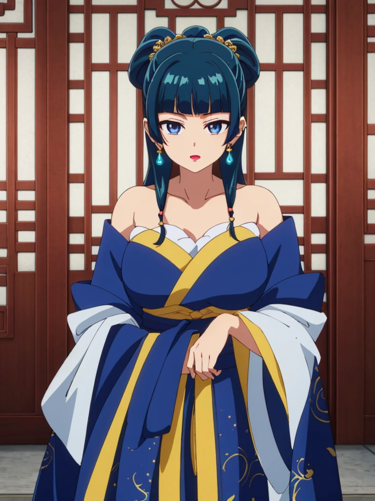 (((Highest quality､Ultra-high resolution､masterpiece: 1.2))), Highly detailed anime art style,Teen Style, (Off the shoulder,Earrings, A luxurious interior of the Tang Dynasty harem), Detailed green hair, Detailed blue eyes, Complicated hairstyle, Long Hair,Sparkling eyes,like々Shii,hair accessory, チャイニーズEarrings着用, She has a hairpin on her head、Half Up, Slightly blunt bangs, Detailed lighting, Bright colors, Looking at the audience, 45 degree top down shot､Facing forward､Stand in the center of the image､Cowboy Shot,Cat､Curvaceous､Big Breasts､Big Ass､High-end kimono､Traditional Tang Dynasty Kimono、Crimson lipstick､Courtesan-style costume、