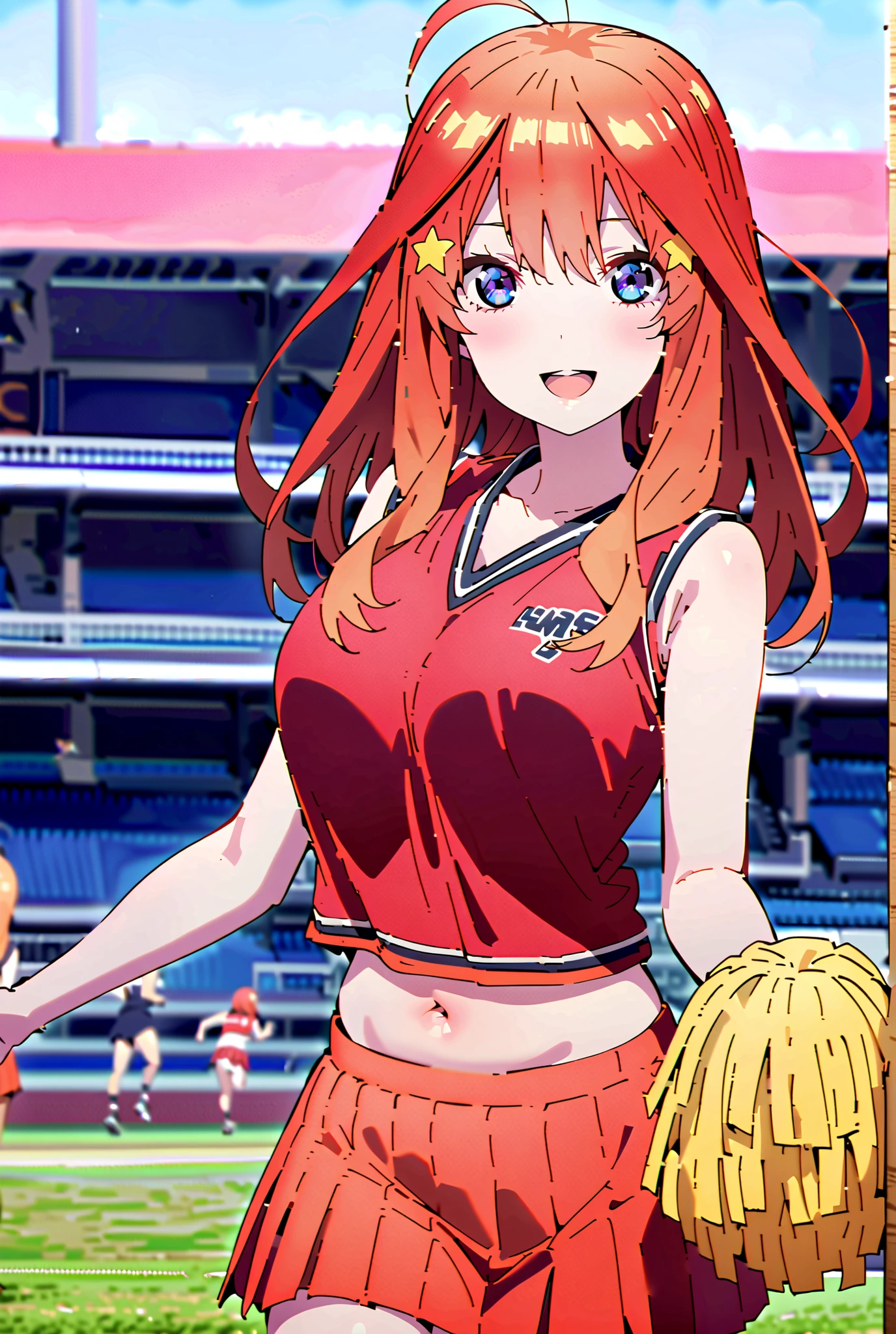 Very cute and beautiful cheerleader girl,(Very exquisite beautiful face and eyes:1.2),(Holding a pom-pom:1.2),(Laugh together),((Big Breasts))、((Sweating all over the body))
(Stadium Stand),Cowboy Shot,Dynamic pose,zettai ryouiki,(Orange sleeveless shirt),Beautiful legs,Skirt flip,White panties,Dynamic Angle,Redhead、Yellow headband、
(Highest quality,masterpiece:1.2),Intricate details,Very detailed,High resolution,1 Girl,Looking at the audience,
Natural light,Hair blowing in the wind,Beautifully detailed skies,