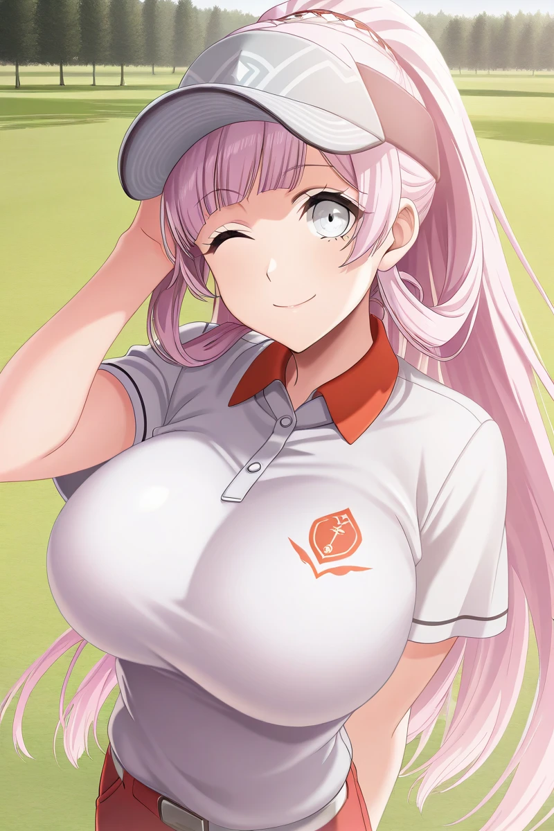 mastute piece,Best Quality,insanely detailed,8k cg,nsfw,
(shoot upper body:1.3),
(1girls:1.3),standing,looking at viewr,body in front,both arms behind back,(golf-wear:1.3,golf-cap),(bare breasts:1.1),(bare nipples:1.1),
break,
blush,shy,(ecstasy face),(trembling:1.2),break,(light silver hair:1.2),
break,
perfect breasts,perfect teats,(open mouth:0.9),(large breasts:1.2),
(golf-course)、