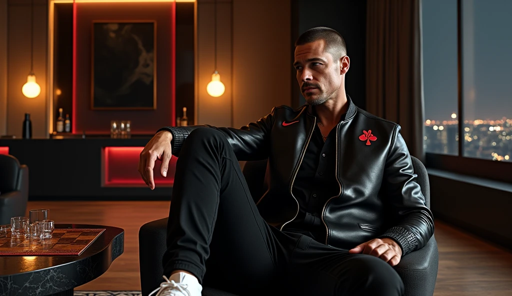 a handsome 35 year old man with david beckham's hairstyle from 2016, sitting at a poker table, wearing a black bomber jacket and red t-shirt, photorealistic, hyperdetailed, 8k, masterpiece, cinematic lighting, dramatic shadows, realistic textures, vivid colors, intricate details, highly realistic, impeccable rendering