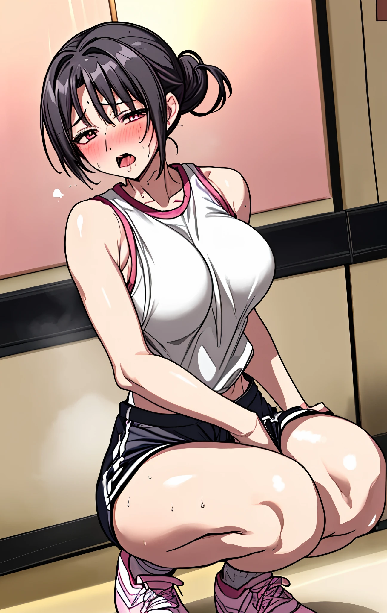 40age、Mature Woman、black hair、Hair tied up、A slim body、 have big bust 、I'm sweaty all over my face、front view、sexy look、full body image、口から長くtongueを出している、長いtongueを出している、、my whole body is sweaty。、 sweat dripping、my whole body is soaked、Drooling、opens crotches、、I'm urinating、Pee is flowing、drooling、drooling、high definition, blush, opens her mouth, tongue, wearing a white tank top、wearing shorts、Pink socks、sneakers with a ladyback letter、squatting、、squatting、、squatting、、open crotches、open crotches、raise your hand、raise your hand、Grab your own breasts、Grab your own breasts。show crotch、Is peeing。Is peeing、pee out of a potty、Drip urine、Drip urine、sports gym interior background、