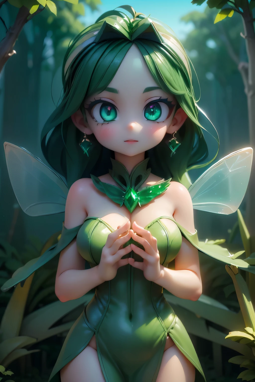 solo,1 Female,cute, cute,small ,Skin color is white,(Succulents Succulents Fairy:1.5),(An accurate and perfect hand:2.0),(Anatomically Accurate Hands:2.0),( ballerina pose :1.5),(Emerald Green Jewel-like Eyes:2.5),(Glittering Highlights Reflected Light:2.0),(Background is a Blue Sky and Beautiful Fresh Green Forest:2.5),(Chrome green shiny semi-long hair:1.2),(is smiling:1.2),(with large transparent Dragonfly and agave wings growing on its back:1.7),(Beautiful dress like Succulents in metallic green:1.5),big cute smile,(Dragonfly's Beautiful Wings on Her Back:2.0),[Dragonfly Wings:2.0],(The background is a blue sky, beautiful fresh greenery, and an agave forest:2.0),(8k,very detailedCGユニットのwallpaper, masterpiece,high definition, real texture skin,surrealistic,increase resolution,RAW photo,best quality,very detailed,wallpaper,Movie Lighting, Raytrace ,face close-up,(Face Light:2.0),(Increase overall color saturation:2.0),(cowboy shot:1.5),