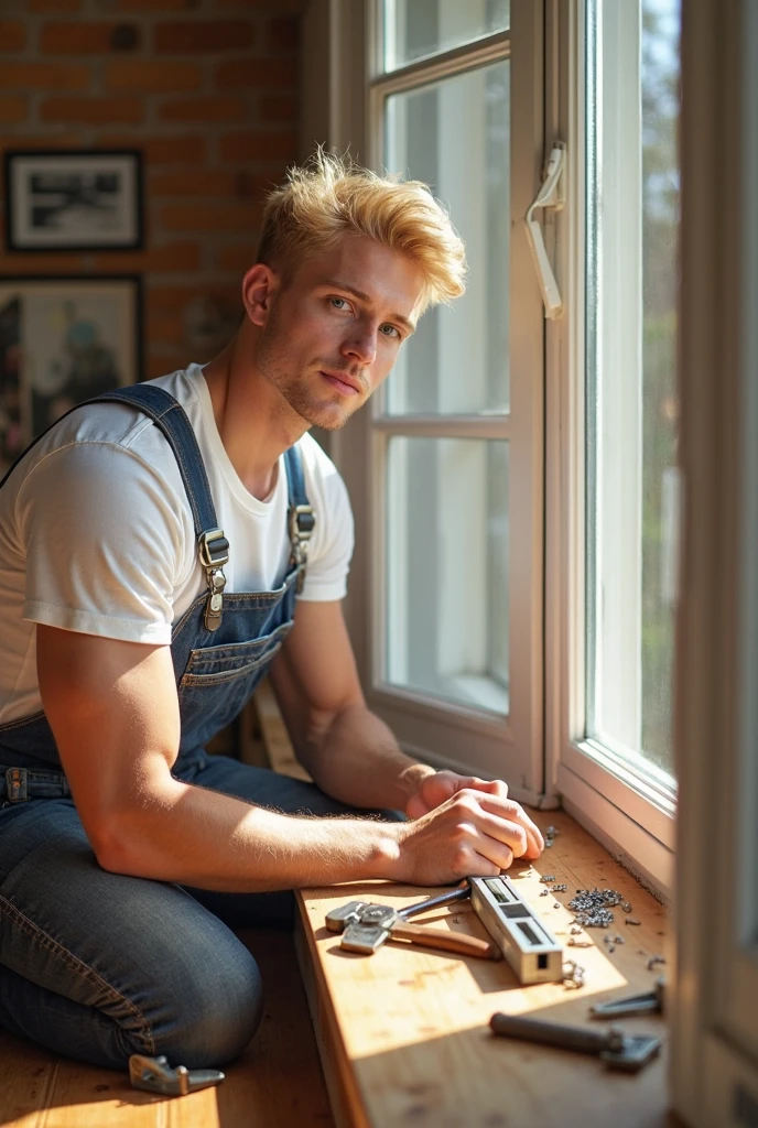 1man, black smith, medieval, at work, sexy, athletic, blond hair, blue eyes