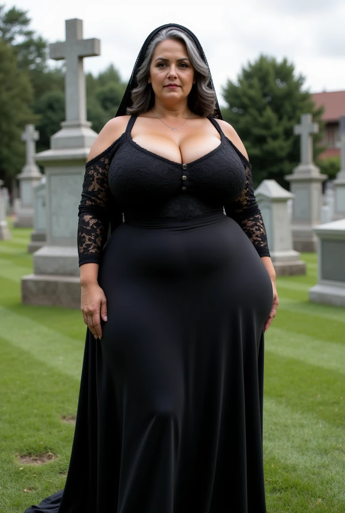 Beautiful middle-aged woman in a gray robe standing in a dark forest, Magnificent style, Octane Rendering, Desert Composition, Beautiful Face, Surreal, Oil on canvas, Award-winning, masterpiece, Trending on Art Station, Studio Ghibli、High heels、Full body portrait、The whole body is projected, (A sadistic smile of temptation), (Curvaceous), ( 信じられないほど大きくてCurvaceousのあるヒップ), (Incredibly thick thighs), (Shining skin), (Wet oily skin), Plus Size Model,Fat pregnant woman、Thick waist、Face of a middle-aged woman with a plump body、Beautiful expression、Big Belly、A 55-year-old pregnant middle-aged woman,