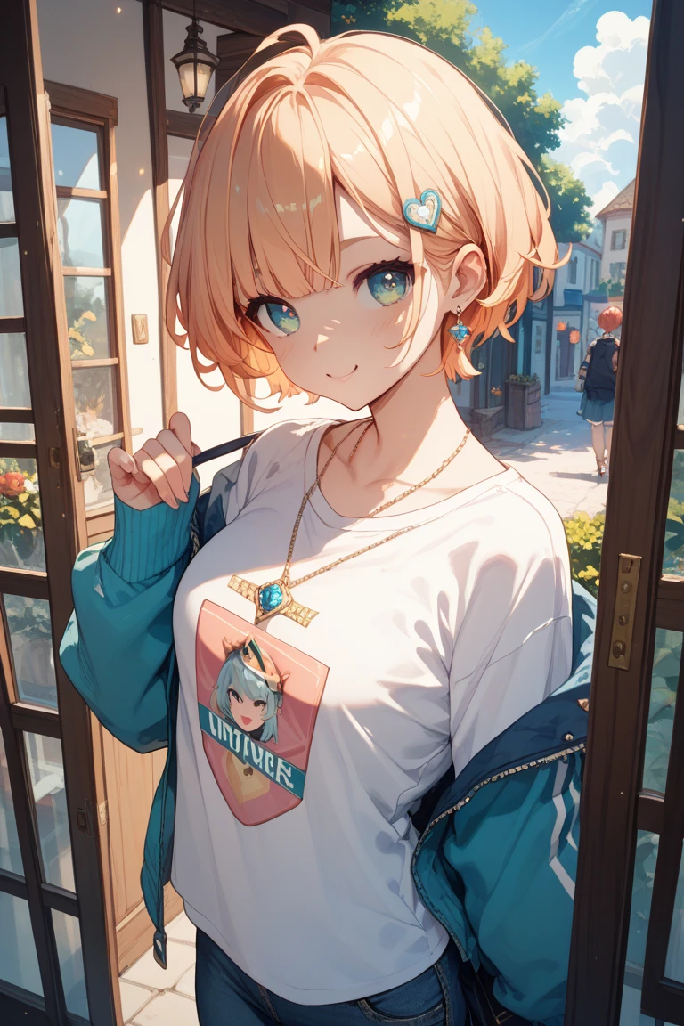 (masterpiece), (4k), ) (vivid colors), (evening light) 15 year old blonde woman, ((bubble style collections)), dressed like a ager with a shy pose and look, flat chest, wear short jeans.