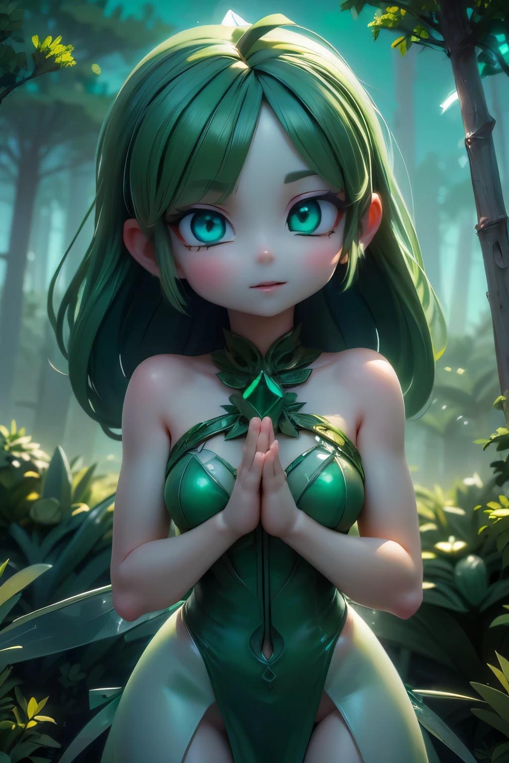 solo,1 Female,cute, cute,small ,Skin color is white,(Succulents Succulents Fairy:1.5),(An accurate and perfect hand:2.0),(Anatomically Accurate Hands:2.0),( ballerina pose :1.5),(Emerald Green Jewel-like Eyes:2.5),(Glittering Highlights Reflected Light:2.0),(Background is a Blue Sky and Beautiful Fresh Green Forest:2.5),(Chrome green shiny semi-long hair:1.2),(is smiling:1.2),(with large transparent Dragonfly and agave wings growing on its back:1.7),(Beautiful dress like Succulents in metallic green:1.5),big cute smile,(Dragonfly's Beautiful Wings on Her Back:2.0),[Dragonfly Wings:2.0],(The background is a blue sky, beautiful fresh greenery, and an agave forest:2.0),(8k,very detailedCGユニットのwallpaper, masterpiece,high definition, real texture skin,surrealistic,increase resolution,RAW photo,best quality,very detailed,wallpaper,Movie Lighting, Raytrace ,face close-up,(Face Light:2.0),(Increase overall color saturation:2.0),(cowboy shot:1.5),