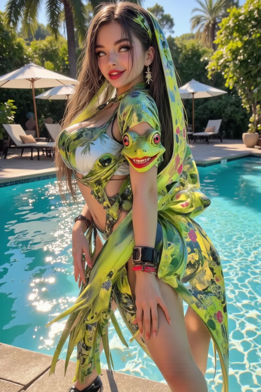 The upper body of a transcendentally beautiful young woman(A hybrid creature with the lower body of a frog:1.7)、Squats with wide legs open、Big Breasts、Full Body Portrait、grotesque、Dark fantasy、Sticky、