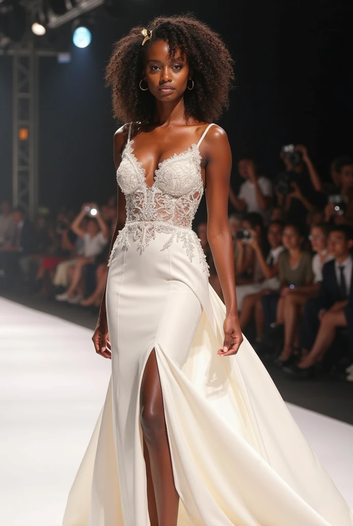 1lady, a slender African-American pageant queen, a transparent Diamond Encrusted draped transparent organza ball gown, attached bow, long dress train, catwalking on pageant show stage