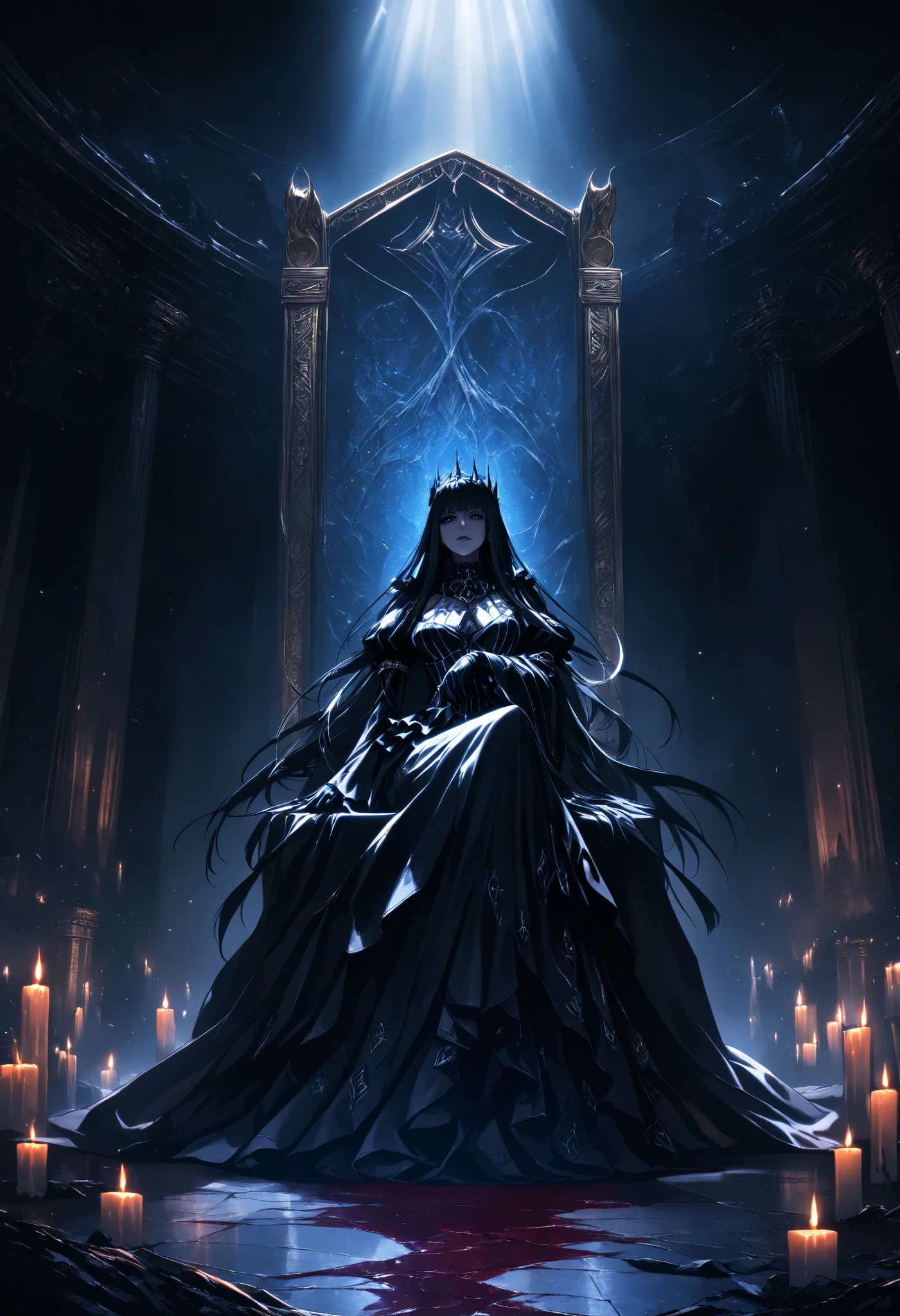 Gothic Queen, ((sitting on a throne from the Sarcophagus)), (Dirty shabby outfit), ((made of Human Bones)), huge hall, Candles when dim, Bloody cracks on the floor, The Web in the Hall, Black columns with blue patterns, Small Flowers black semi-withered, black atmosphere ,  epic,  Gothic style, Dark, dark, horrible, ((dramatic lighting, Masterpiece, 8k)), (best quality), high detail, Maximum of details, 