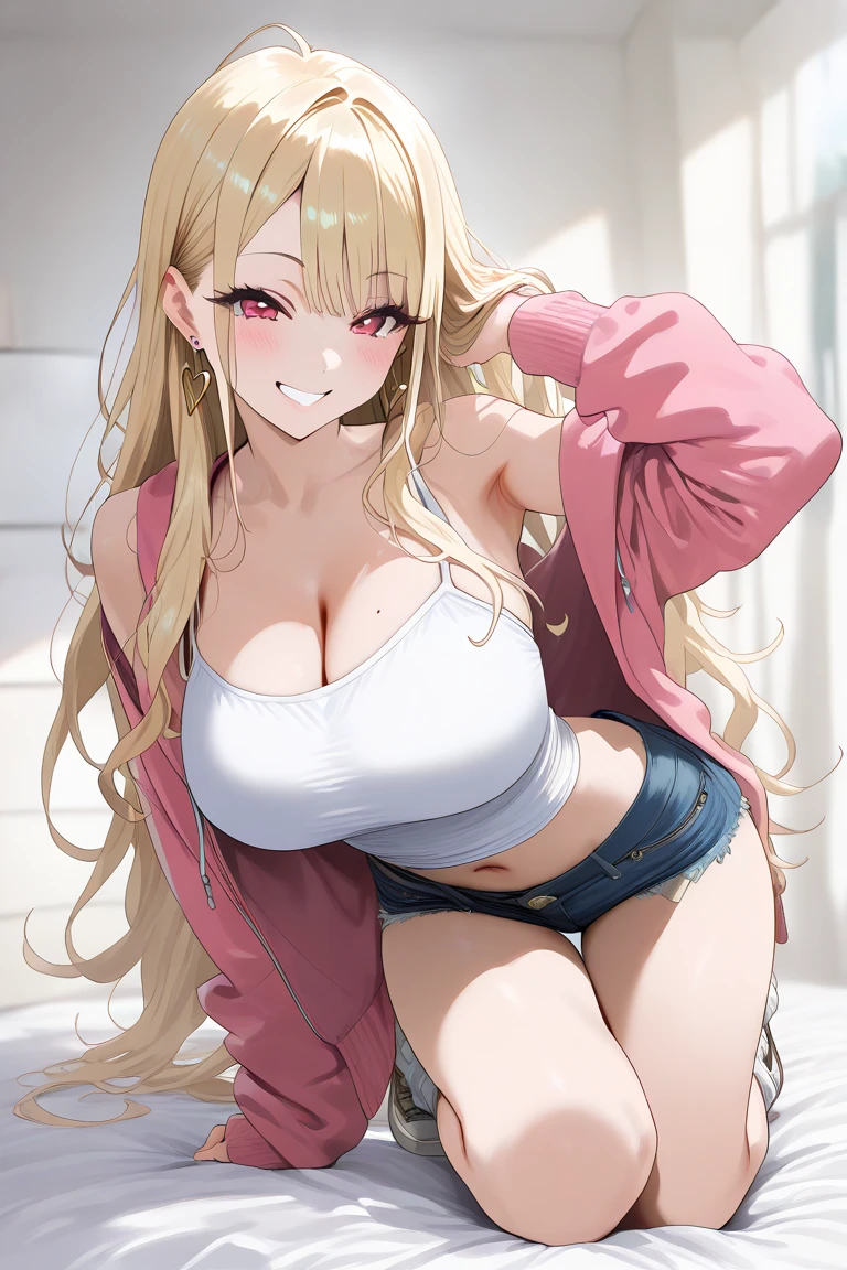 one girl, long hair, blonde hair, forehead, dark green eyes, big breasts, embarrassed, closed mouth, thigh straddling, bikini top only, denim shorts, jacket, city