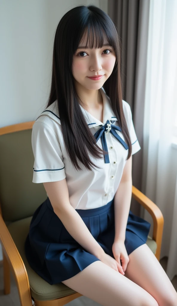 lens: 135mm f1.8,(Highest quality),(Tabletop:1.1), (Beautiful 16 year old Japanese girl), (Moisturized lips), Narrow eyes, double eyelid,Delicate clavicle,Flat Chest,Shortcuts,
(Let me me'Let me'Let's take another look), (close:1.4), shame, A faint smile,
(Spotted sunlight:1.2), Dramatic lighting,
(Taking off the uniform), (Sunburned skin:0.2),Full body photo、Full Body Focus、Sit on the floor with your legs open、Spread your legs wide、Skirt Lift、Hold up your skirt with both hands、、