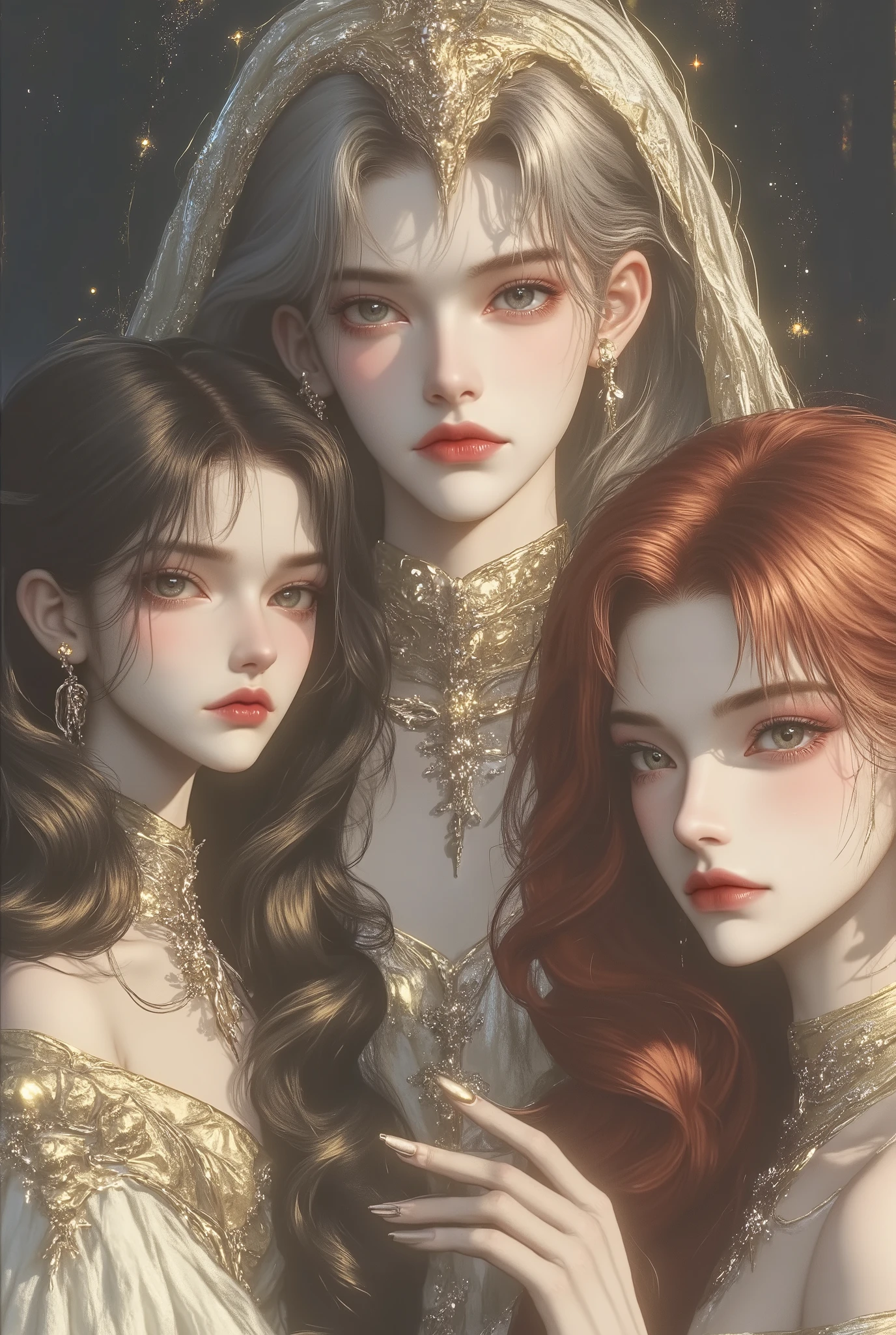 Three sorceresses standing in a mystical forest, exuding an aura of power and grace. The central figure is the tallest, with silver hair, piercing golden eyes, and a regal expression. She wears an elegant, eerily black sorceress robe adorned with shimmering golden patterns that glisten under the soft forest light. Her hood is pulled up, framing her face, and her pose is confident, with her gaze fixed forward. To her left is a slightly shorter sorceress with fiery red hair cascading over her shoulders. She dons a deep yellow sorceress robe, decorated with subtle golden accents that catch the light. Her expression is fierce yet composed, and her golden eyes gleam with determination. She stands slightly behind the central figure, adding depth to the scene. On the right, the third sorceress has raven-black hair and wears a peach-pink sorceress robe with delicate silver embroidery that sparkles softly. Her expression is serene but powerful, with golden eyes that mirror the intensity of her companions. She stands slightly behind and to the right of the central figure, completing the triangular composition. The lighting highlights the intricate details of their robes and faces, while the dark forest background adds an ethereal and mystical ambiance. The focus is sharp on their faces and upper bodies, emphasizing their unity and contrasting personalities