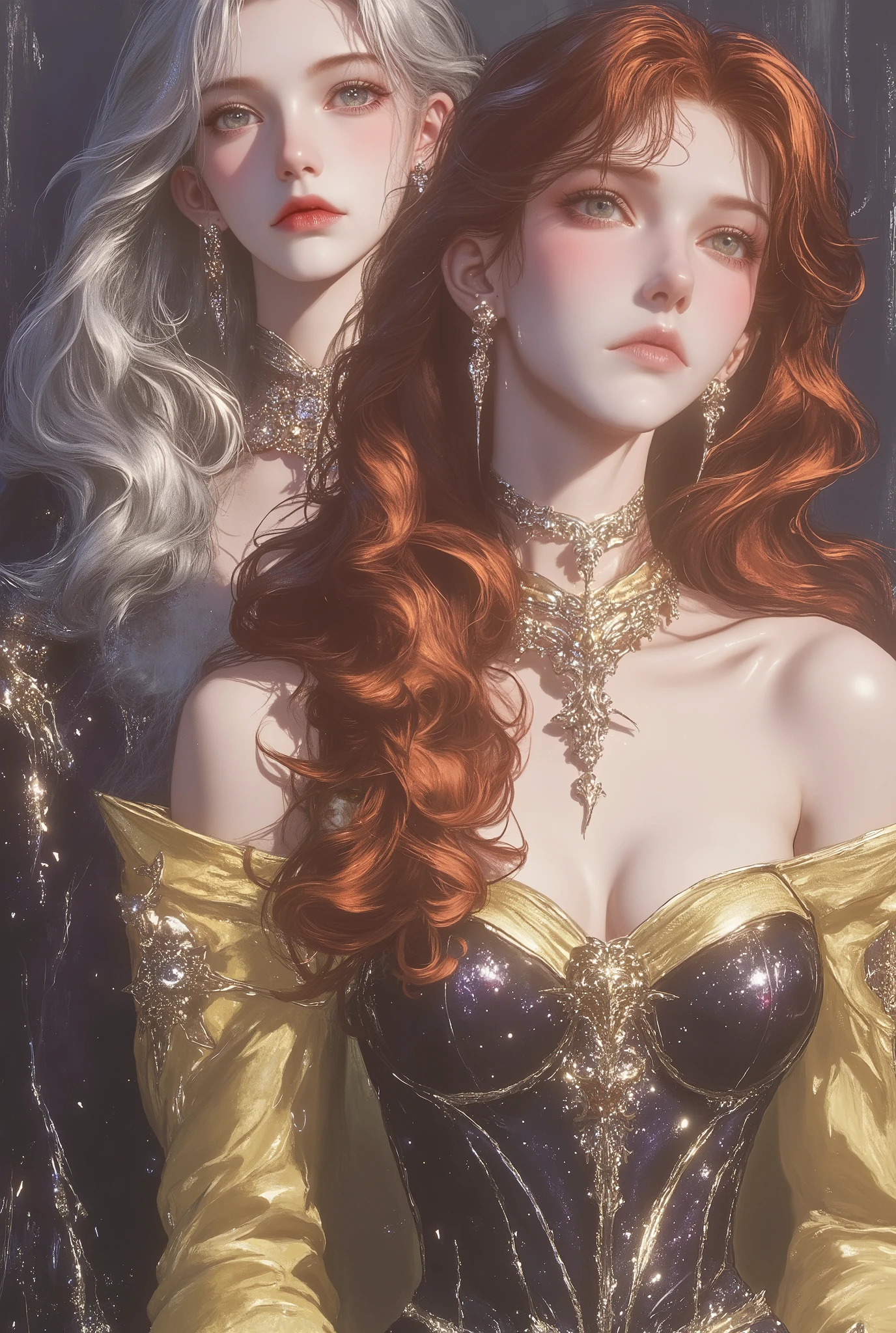 Three sorceresses standing in a mystical forest, exuding an aura of power and grace. The central figure is the tallest, with silver hair, piercing golden eyes, and a regal expression. She wears an elegant, eerily black sorceress robe adorned with shimmering golden patterns that glisten under the soft forest light. Her hood is pulled up, framing her face, and her pose is confident, with her gaze fixed forward. To her left is a slightly shorter sorceress with fiery red hair cascading over her shoulders. She dons a deep yellow sorceress robe, decorated with subtle golden accents that catch the light. Her expression is fierce yet composed, and her golden eyes gleam with determination. She stands slightly behind the central figure, adding depth to the scene. On the right, the third sorceress has raven-black hair and wears a peach-pink sorceress robe with delicate silver embroidery that sparkles softly. Her expression is serene but powerful, with golden eyes that mirror the intensity of her companions. She stands slightly behind and to the right of the central figure, completing the triangular composition. The lighting highlights the intricate details of their robes and faces, while the dark forest background adds an ethereal and mystical ambiance. The focus is sharp on their faces and upper bodies, emphasizing their unity and contrasting personalities