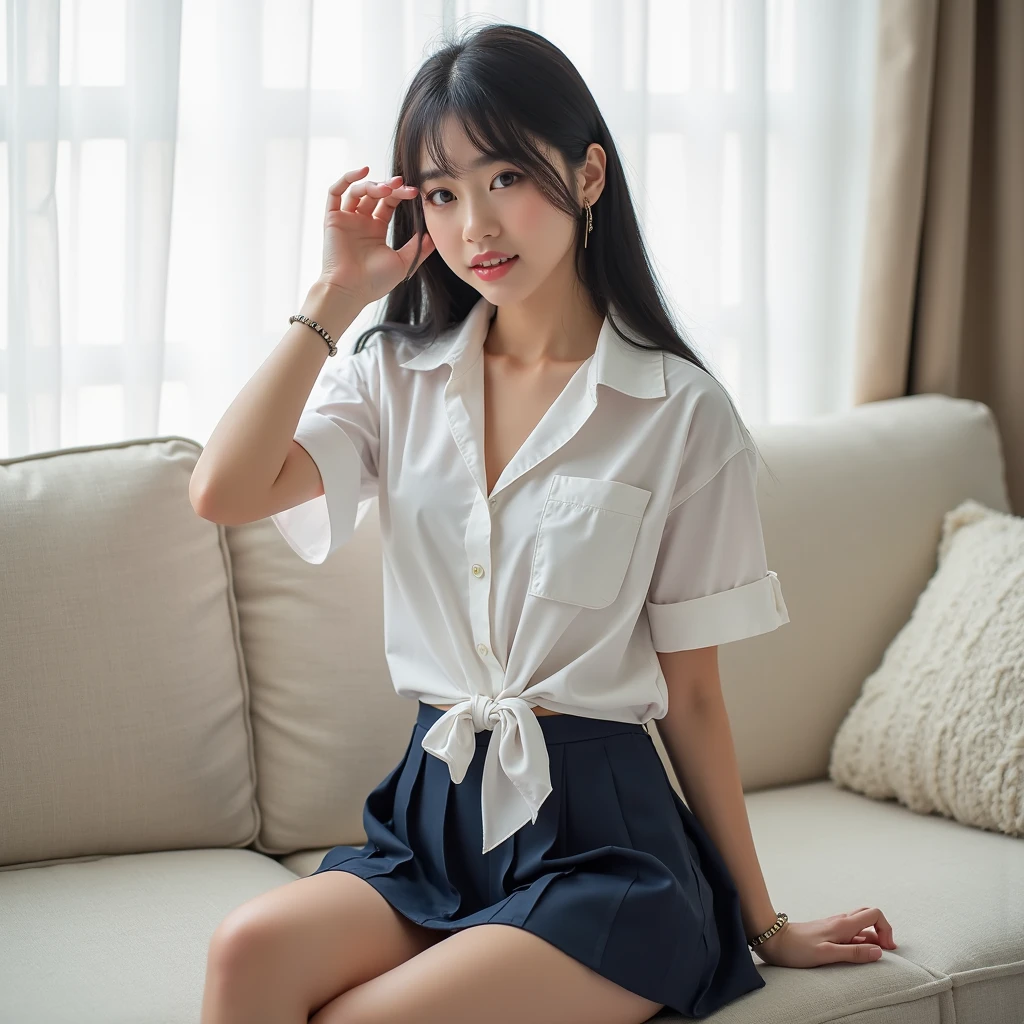 Raw photo, highest quality, masterpiece:1.2), highest quality, figure, Very detailed, Fine details, High resolution, wallpaper, Perfect dynamic composition, (Detailed high quality, Realistic depiction of eyes:1.3)、A woman who has been and has her hands tied、Arms wrapped around his back、hands tie behind back、Fingers five pieces、Has two arms、Inside a beautiful hotel room at night、Crouching pose、Bent knee squats、Squat down with your legs spread apart、Squatting while showing your crotch、Sitting on the floor with knees up、Outside the window is a night view、 With legs wide open、(The bra is white、Panties are white、Panty shot)、Short Sleeve Blouse、Wearing a long skirt、whole body、The whole thing faces forward、、High school girls、Wearing loafers、Wearing knee-high socks、Beauty、Well-formed face、Make your eyes even、Beautiful black hair、Has bangedium build、Well-balanced proportions、Beautiful legs、Fresh face、Beautiful scenery、, Surrealism, cinematic lighting, first-person view, f/1.2, Nikon, cowboy shot, 8k, masterpiece, 8k, UHD, award winning, best quality, highres