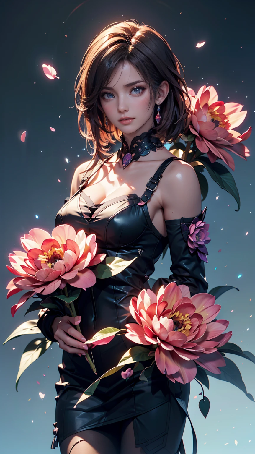 masterpiece, Highest quality, One girl, Sheer bodycon((body conscious)), a flowerpot, A small smile, Multicolored background, flower, Dynamic Color,Sexy proportions、Sexy、Silver Accessories、Stiletto heels、Fishnet tights、Cleavage Emphasis、Braided ponytail((braided ponytail))