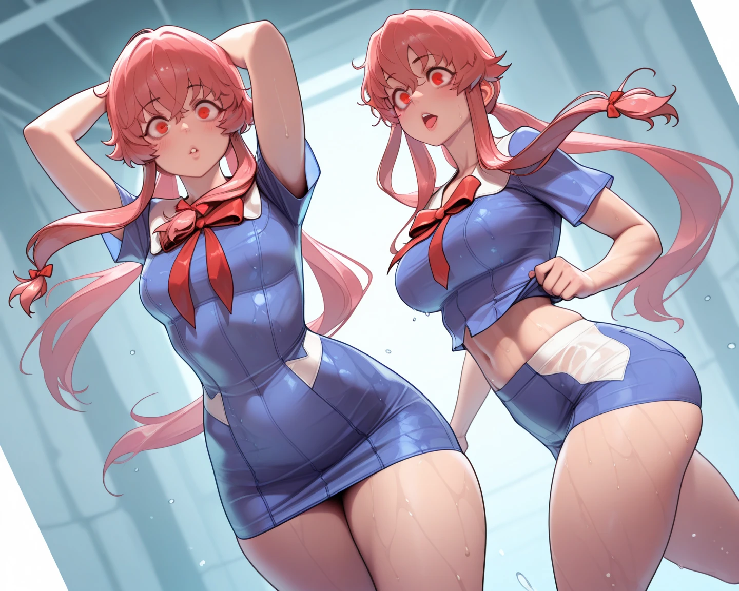 pantyhose,sailor,microskirt,cute,wariza,pink hair,blush,crop top,see throul,twintails,cleavage,crazy eyes, ((very drunk)), ((staggers)), ((belly stuffed)), ((full belly)), ((see his ass)),