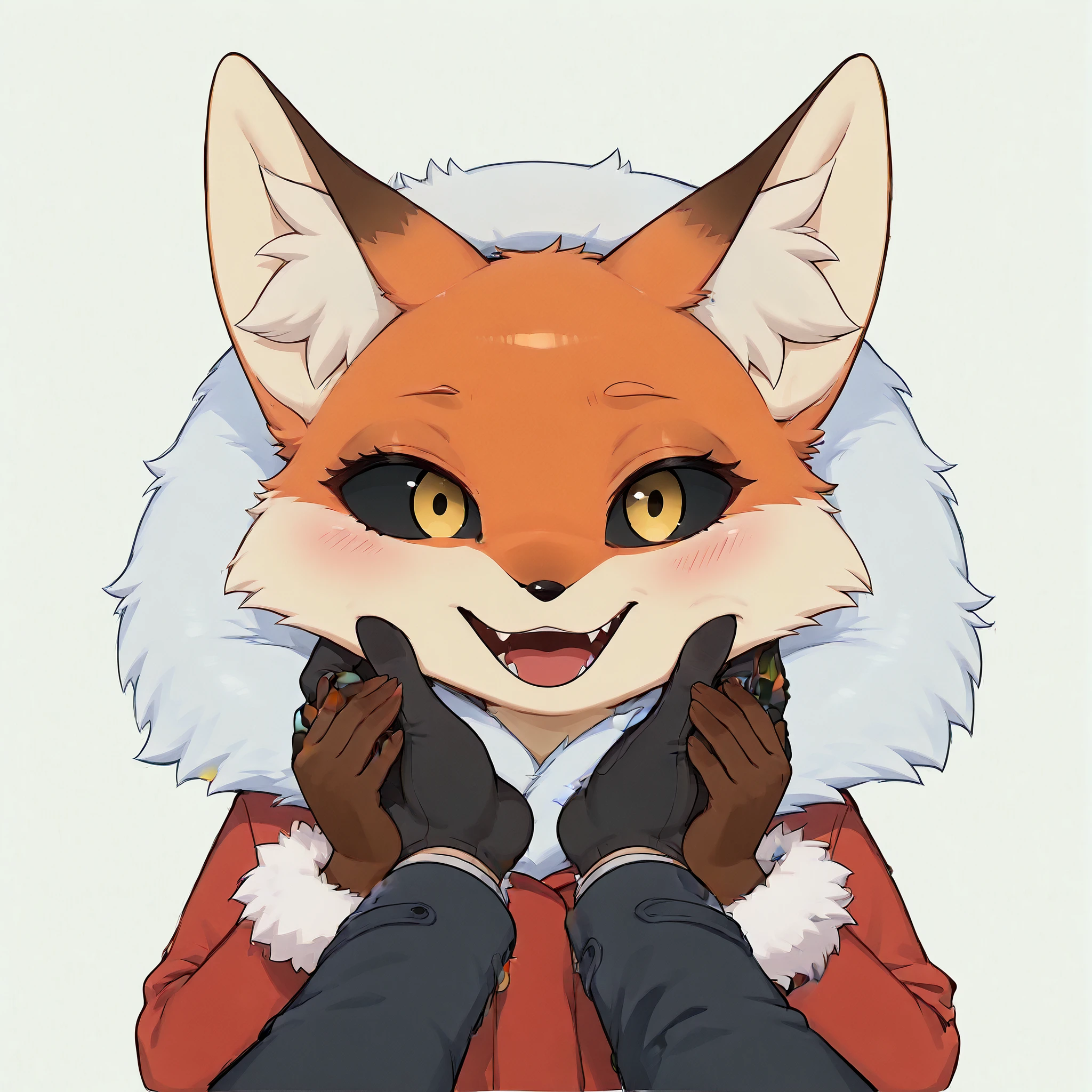 masterpiece, best quality, solo, fox, furry
Alice-vkstick, yellow eyes, orange fur, brown ears, fangs, fur trim, black sclera, dot eyes, fur-trimmed coat, fur-trimmed sleeves, red coat, pov hands, hand on another's face, looking at viewer, solo focus,white background, 1boy, upper body, 1other,